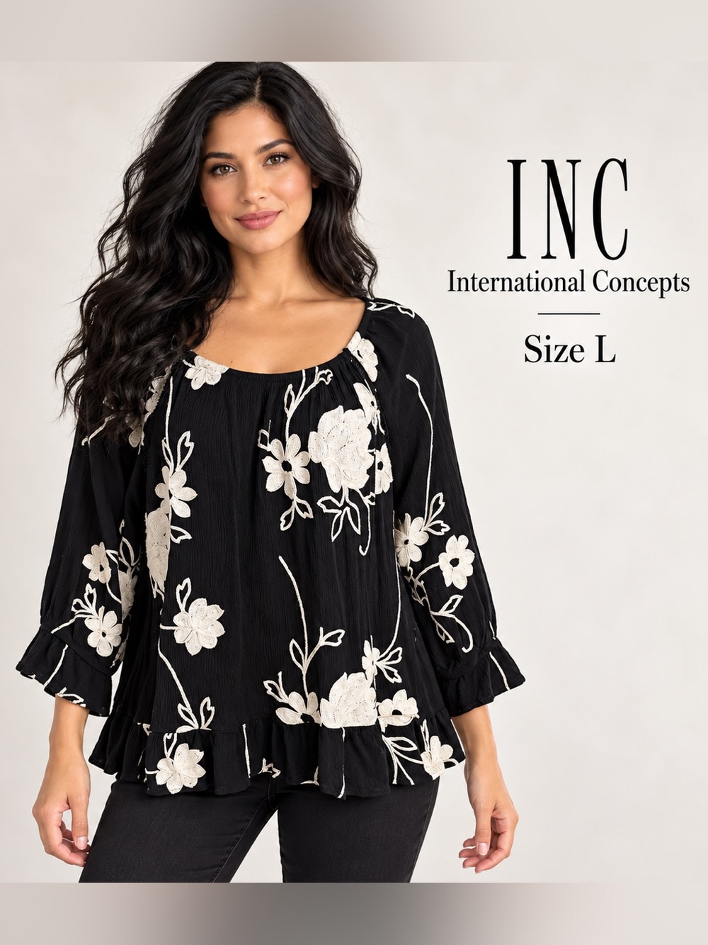 INC International Concepts Black & White Floral Embroidered Ruffle Blouse Size L